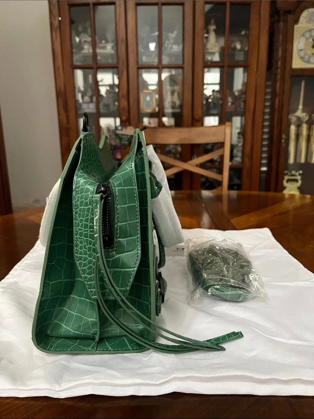Green Croc-Embossed City Bag with Matching Crossbody Strap!